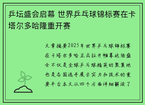 乒坛盛会启幕 世界乒乓球锦标赛在卡塔尔多哈隆重开赛 乒坛盛会启幕 世界乒乓球锦标赛在卡塔尔多哈隆重开赛