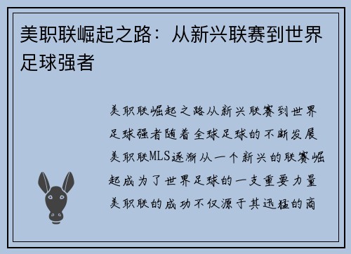 美职联崛起之路:从新兴联赛到世界足球强者 美职联崛起之路:从新兴联赛到世界足球强者