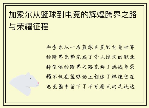 加索尔从篮球到电竞的辉煌跨界之路与荣耀征程 加索尔从篮球到电竞的辉煌跨界之路与荣耀征程